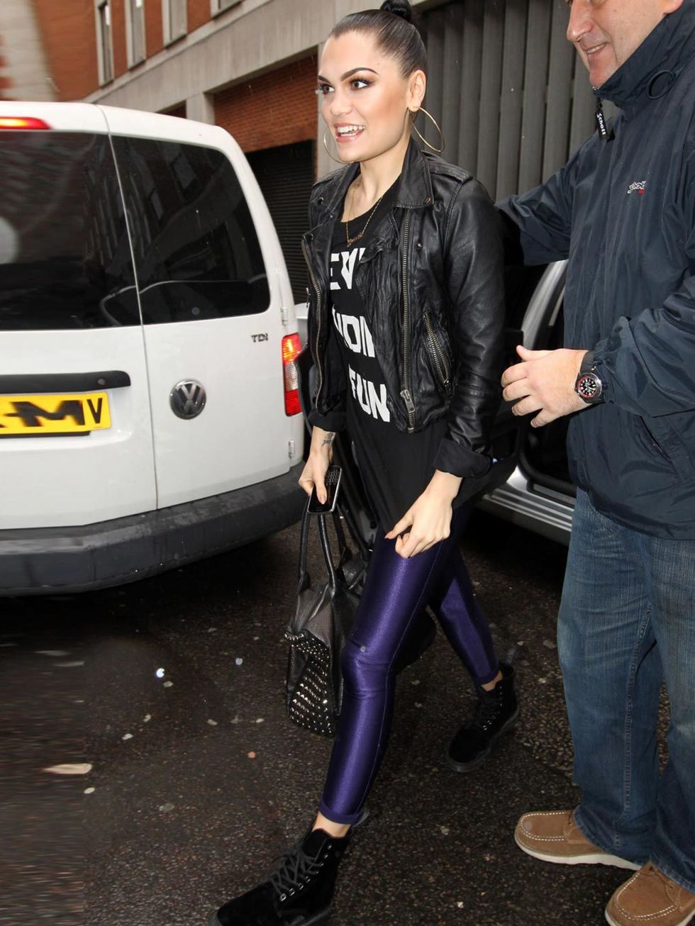 <p><a href="http://www.elleuk.com/star-style/celebrity-style-files/jessie-j">Jessie J</a> wearing a biker jacket while out in London</p>