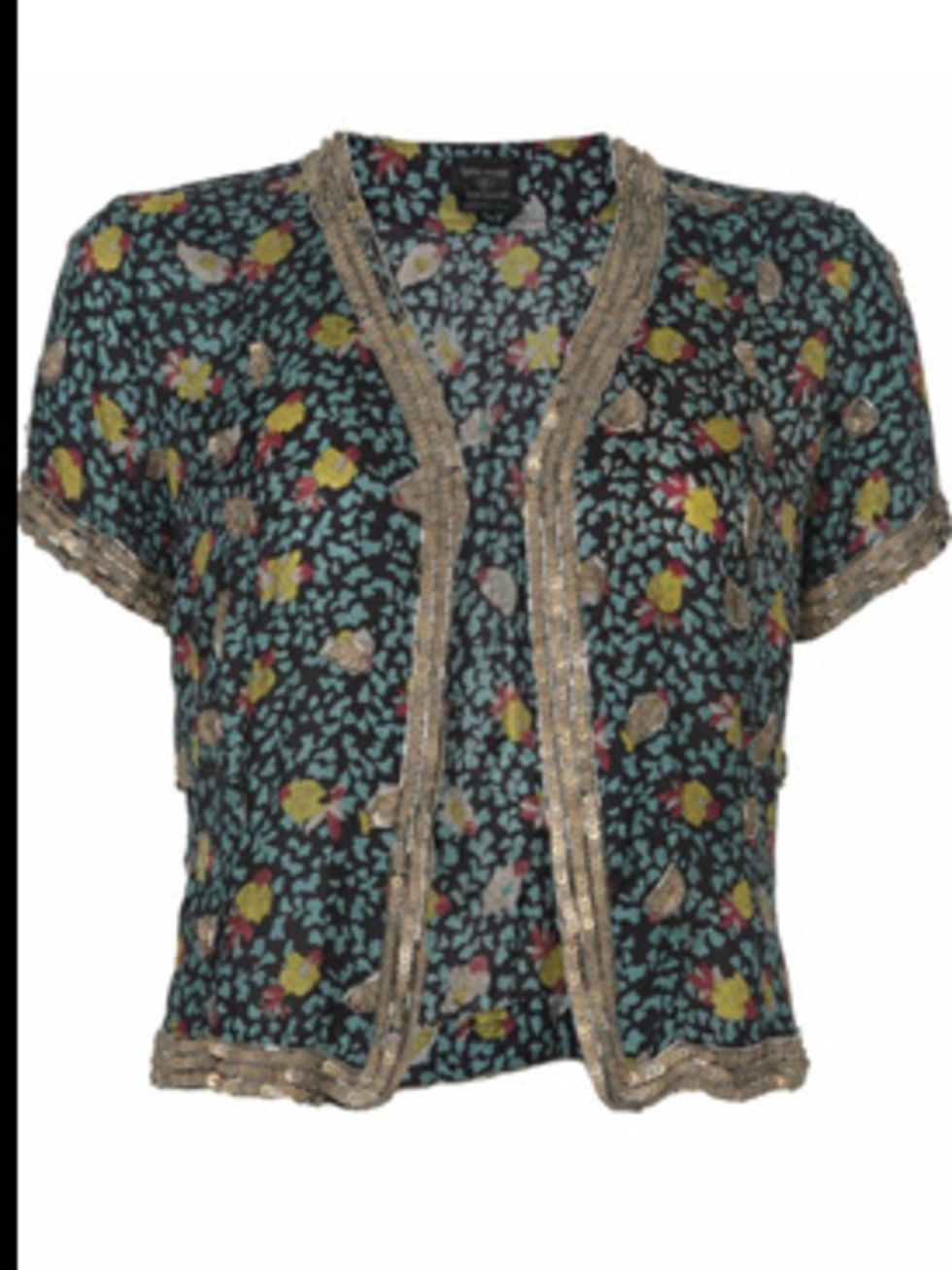 <p>Print and sequin bolero, £75, by Kate Moss for Topshop (0845 121 4519)</p>