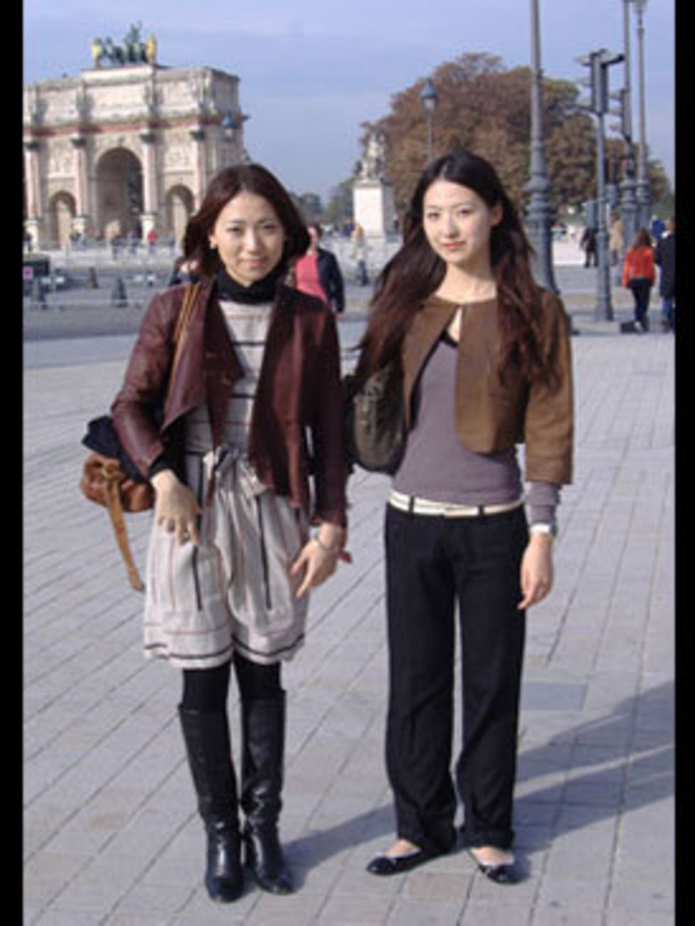 <p>Jacket over striped dress and riding boots for Fumiko, cropped jacket over straight trousers and ballet pumps for Tomomi - Japanese girls are always at the height of fashion.</p>