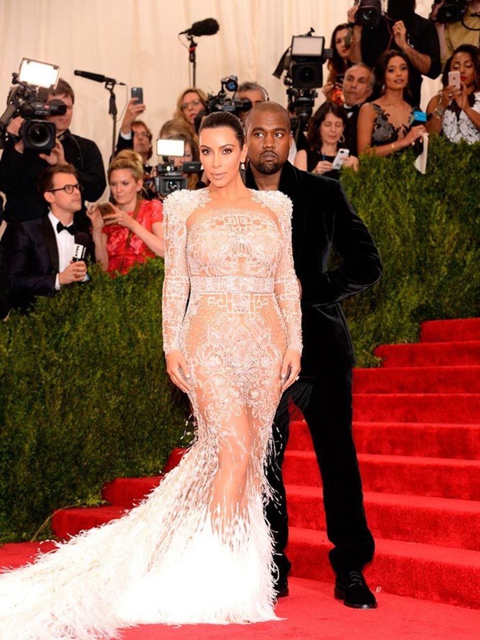 <p>Kim Kardashian and Kanye West in Roberto Cavalli by Peter Dundas attend the Met Gala, May 2015.</p>