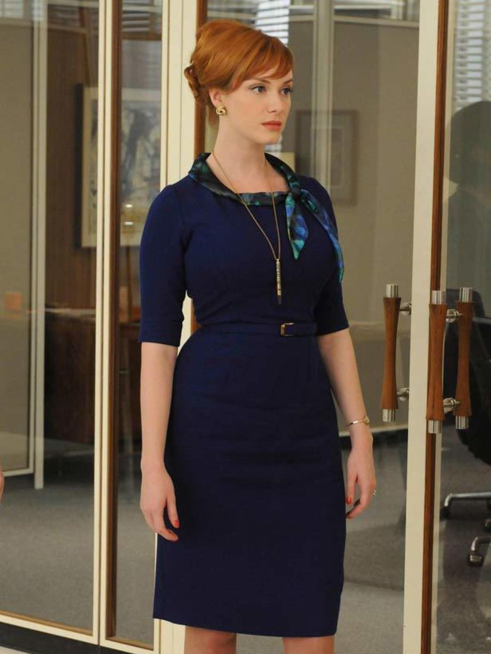 <p><a href="http://www.elleuk.com/content/search?SearchText=christina+hendricks&amp;SearchButton=Search">Christina Hendricks</a> as Joan Harris in a cinched waist dress by costume designer Janie Bryant for the American hit TV show <a href="http://www.elle