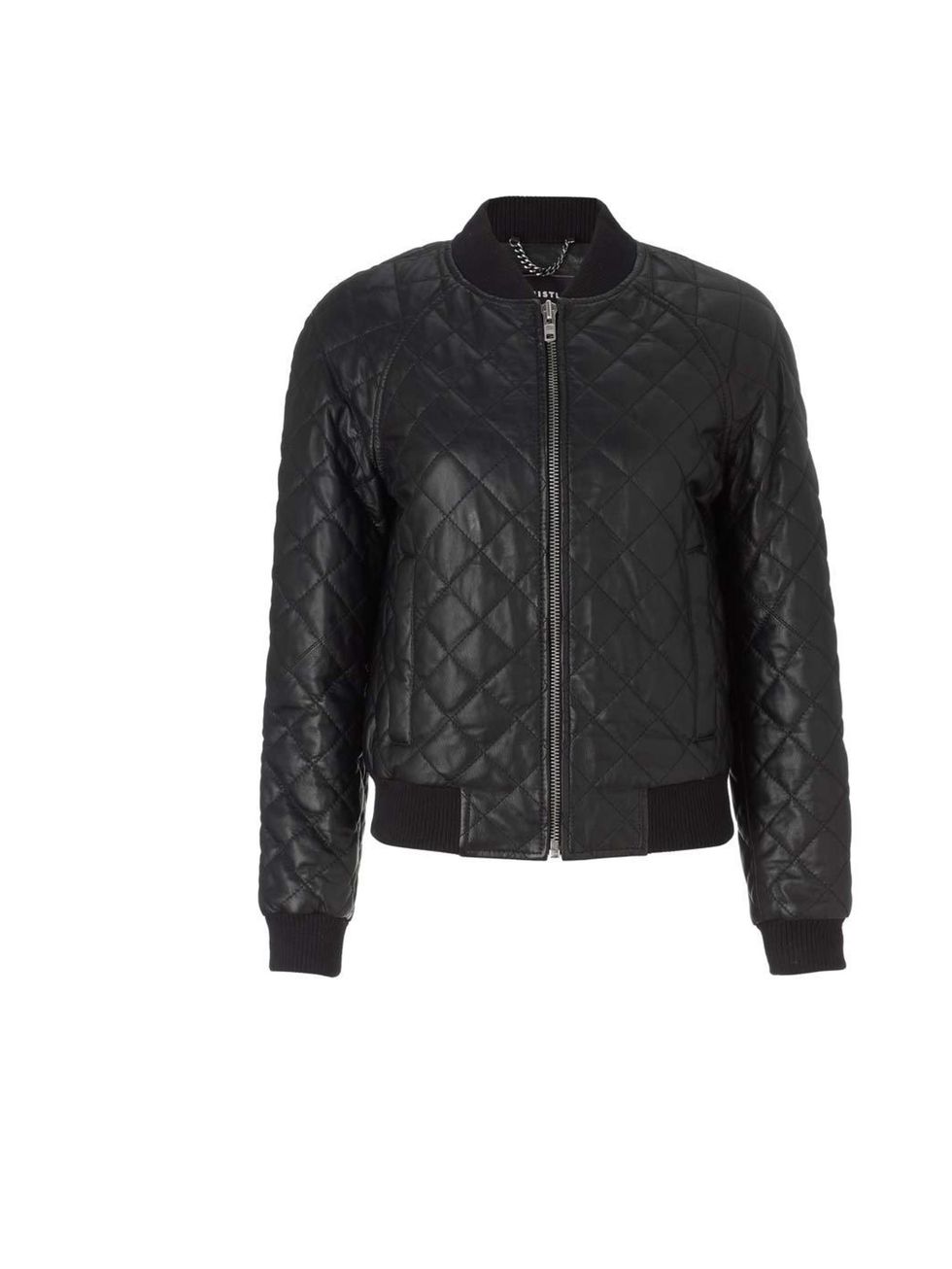 <p><a href="http://www.whistles.co.uk/fcp/categorylist/dept/shop?resetFilters=true">Whistles </a>leather bomber jacket £350 </p>