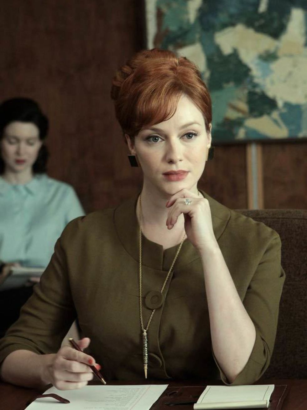 <p><a href="http://www.elleuk.com/content/search?SearchText=christina+hendricks&amp;SearchButton=Search">Christina Hendricks</a> character Joan Harris in a skirt-suit designed by Janie Bryant</p>