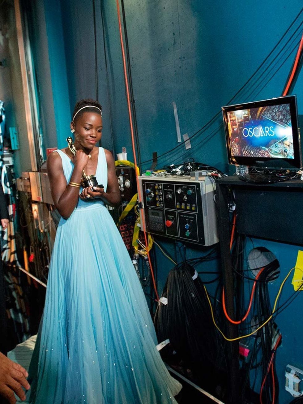 <p>Lupita Nyong'o after winning her award backstage at the Academy Awards 2014</p>