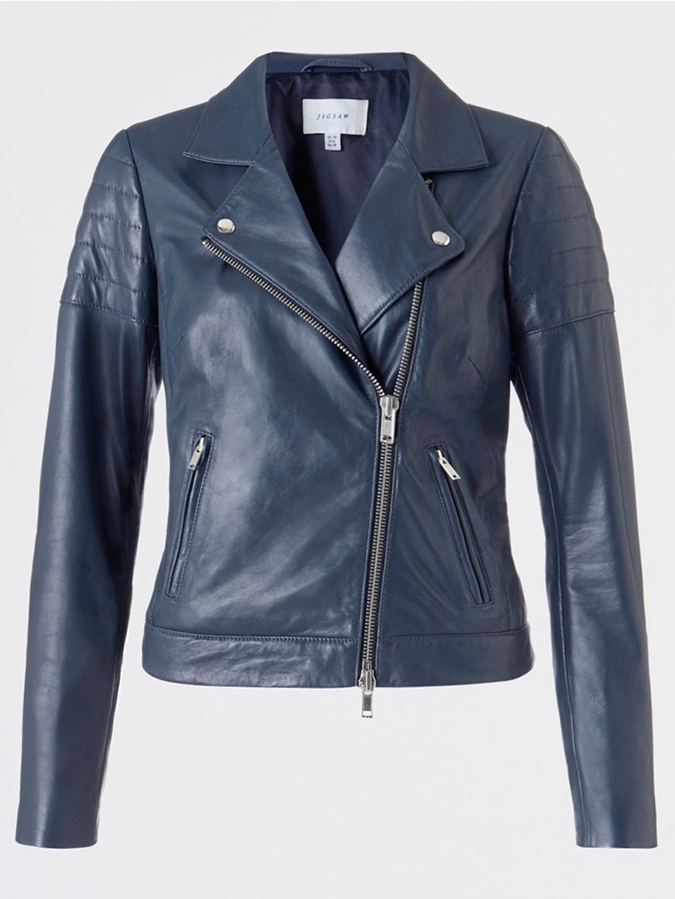 <p><a href="http://www.jigsaw-online.com/products/leather-quilted-sleeve-biker-jacket-10449" target="_blank">Jigsaw</a> navy leather jacket, £295</p>
