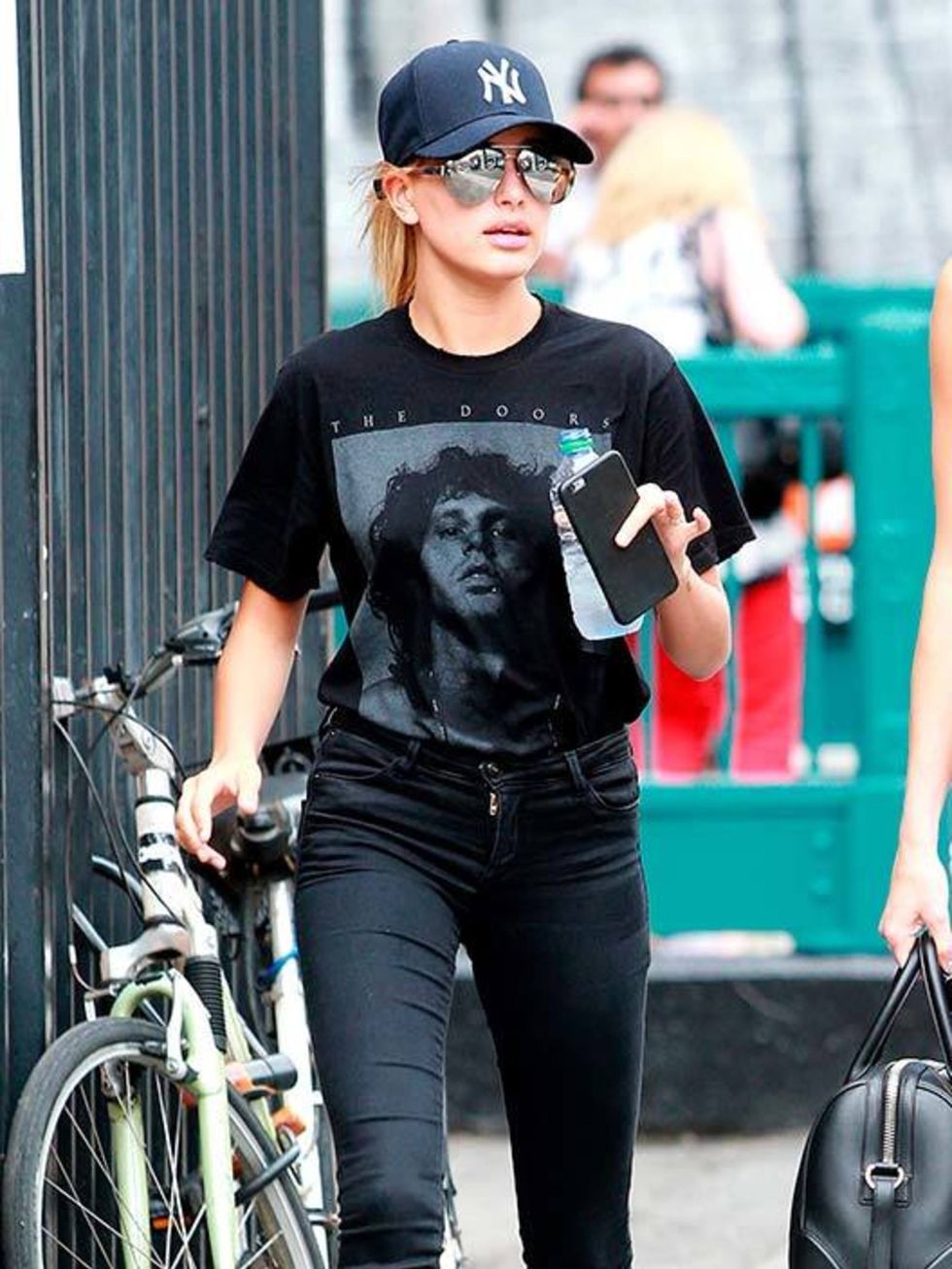 <p>Hailey Baldwin adds edge to her off-duty look with a tribute to The Doors frontman, Jim Morrison.</p>