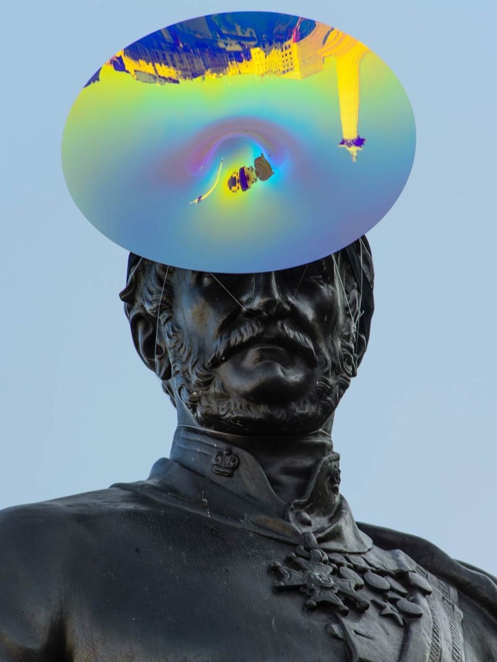 <p>The Sir Henry Havelock sculpture in Trafalgar Square, wearing a hat by Philip Treacy</p>