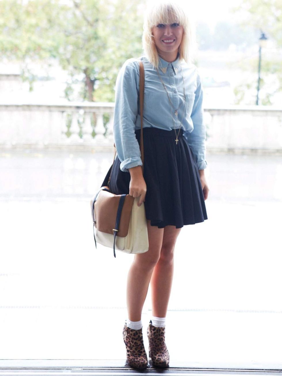 <p>Sophie, 18, Student. Topshop shirt, River Island skirt, New Look shoes, Primark bag.</p>