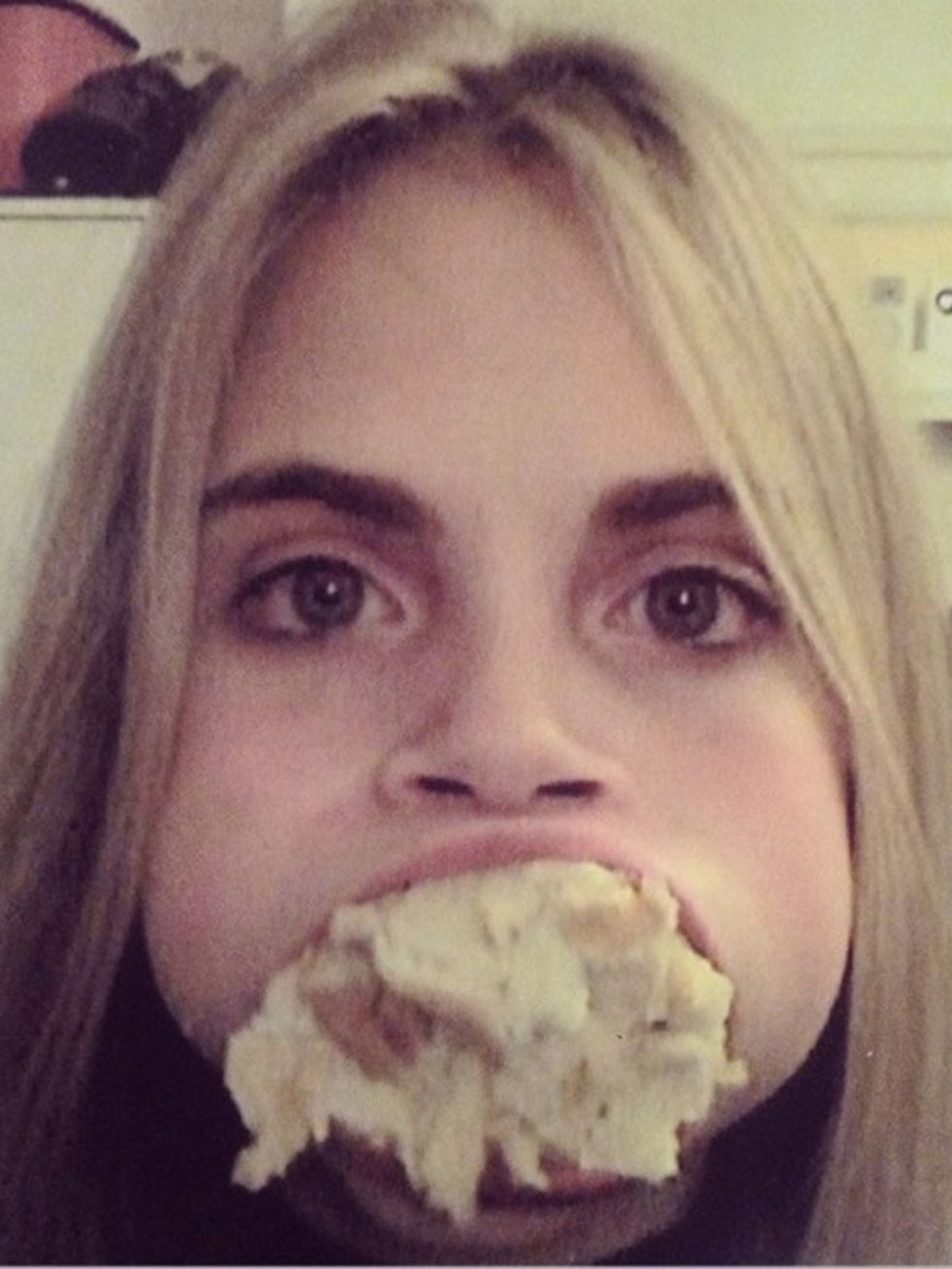 <p>From Cara's Instagram: 'Tbt that time at school I tried to fit as much bread in my mouth as possible! #funtimes'</p>