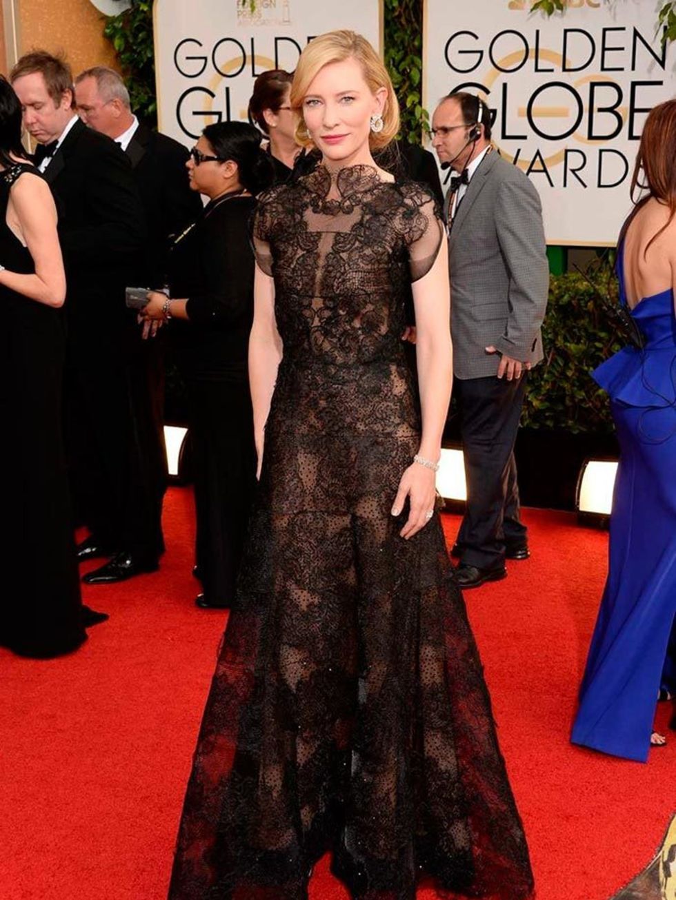 <p>Cate Blanchett in a Armani Privé gown and Jimmy Choo <em>Esam</em> heels at the 71st Annual Golden Globe Awards, 2014. </p>