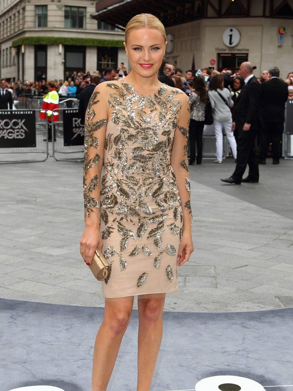<p>Swedish actress, Malin Akerman (who plays a Rolling Stone reporter called Constance Sack), wore a Marchesa dress, Jimmy Choo shoes and Harry Winston jewellery at the Rock Of Ages premiere in London.</p>