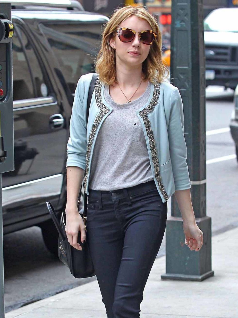 <p><a href="http://www.elleuk.com/star-style/celebrity-style-files/emma-roberts">Emma Roberts</a> wearing an embellished ASOS jacket while out in New York</p>
