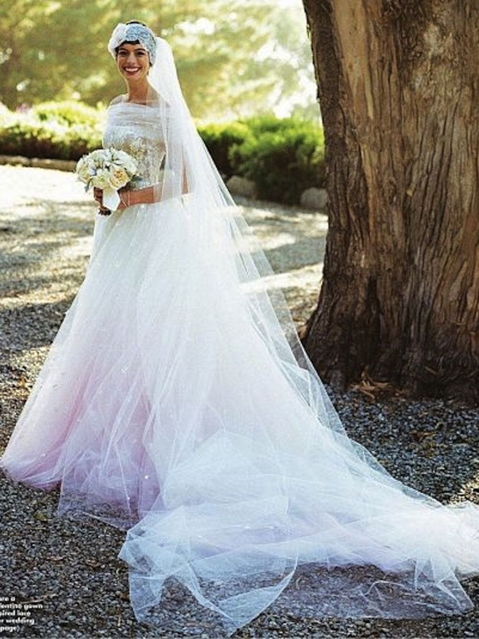 <p>Anne Hathaway in her custom-made Valentino wedding dress</p>
