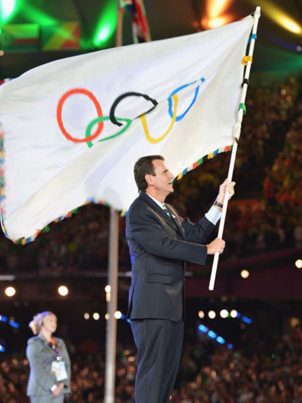 <p>The Olympic flag is passed to Brasil at the end of the 2012 London Olympic Games.</p>