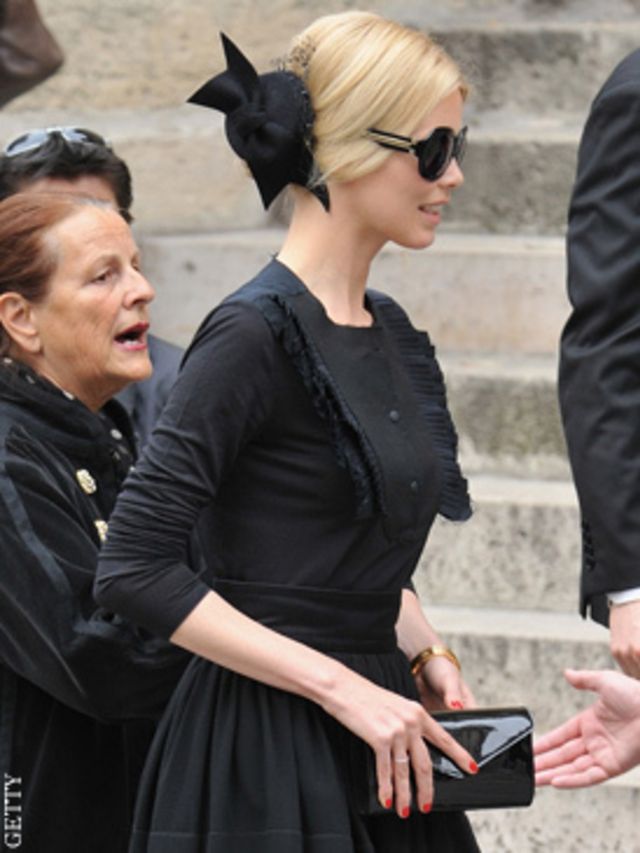 <p>  </p><p>Vivienne Westwood, Claudia Schiffer (pictured) Catherine Deneuve and Carla Bruni, along with her husband, French President Nicolas Sarkozy were amongst the hundreds who attended the Roman Catholic service at Paris' Saint-Roch church.</p><p>Cro