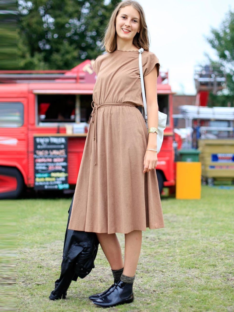 <p>Abby, 25, Journalist. Vintage dress and bag, Zara boots, Tabio socks.</p>