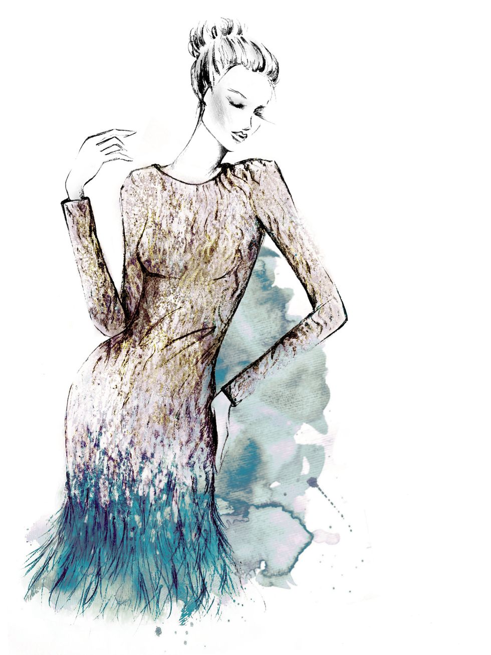 <p>A sketch of the Silver Liquid Sequin Feather Trimmed Mini Dress</p>