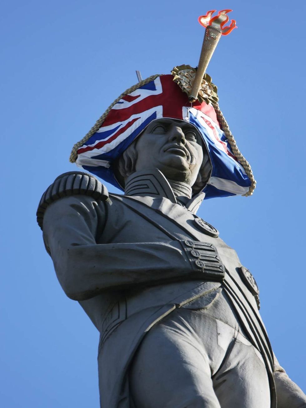 <p>Lord Nelson in Sylvia Fletcher and Lock &amp; Cos Union Jack-covered bicorn hat</p>