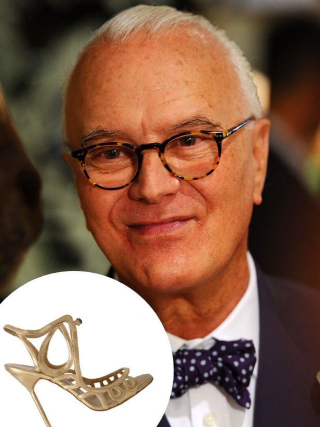 <p>Manolo Blahnik portrait with an inset of Kate Moss's wedding shoes</p>