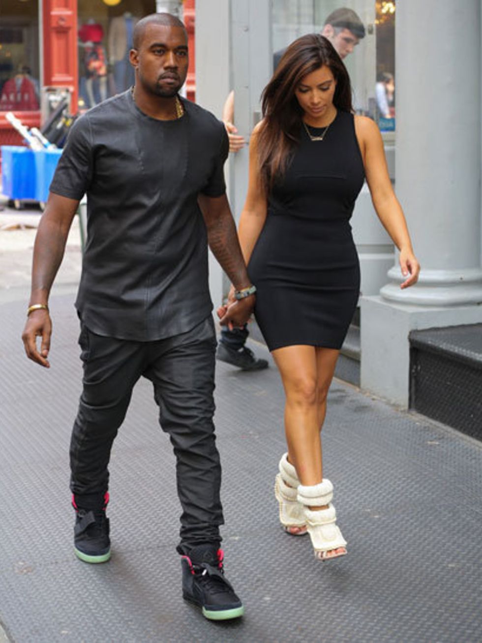 <p>Kim wears shoes co-designed by Kanye West and Giuseppe Zanotti</p>