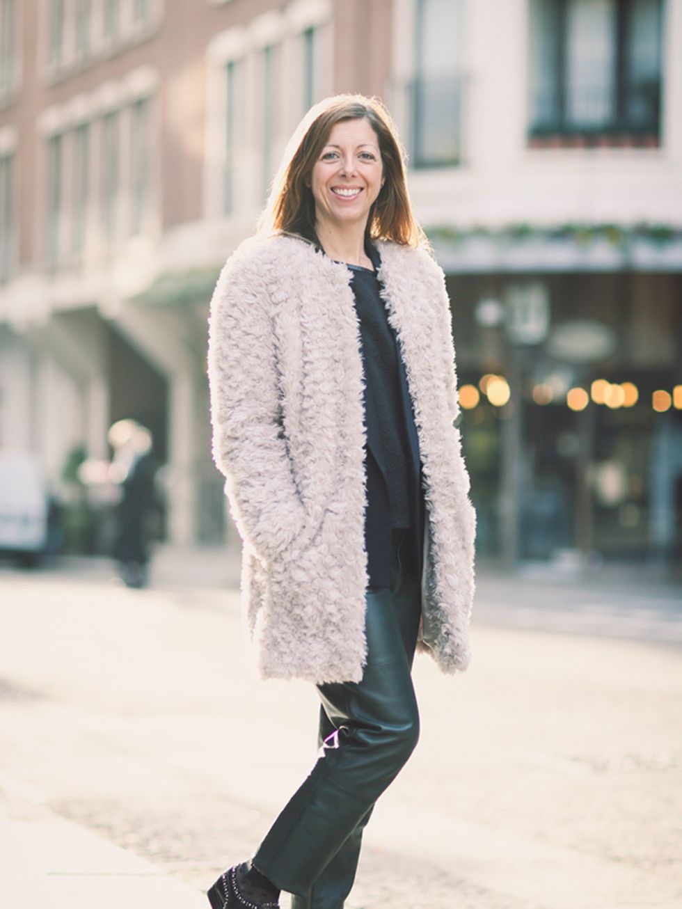 <p>Kirsty Dale  Executive Fashion Director.</p>

<p>Marks and Spencer coat, All Saints jacket, Zara top and leather trousers, Church's shoes.</p>