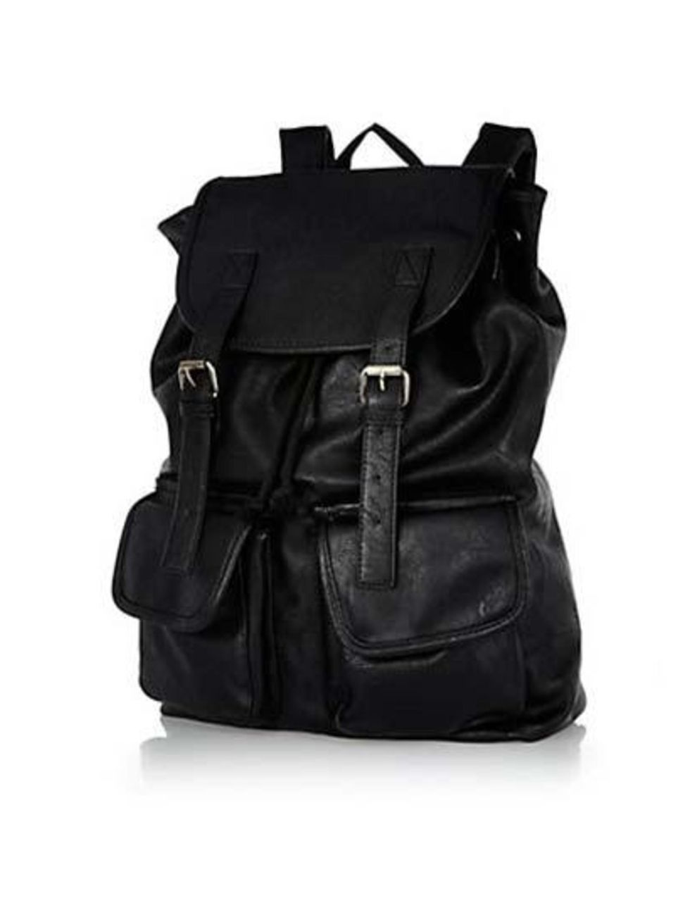 <p><a href="http://www.riverisland.com/men/bags--wallets/backpacks/Black-leather-look-backpack-279919">River Island</a> leather backpack, £32</p>