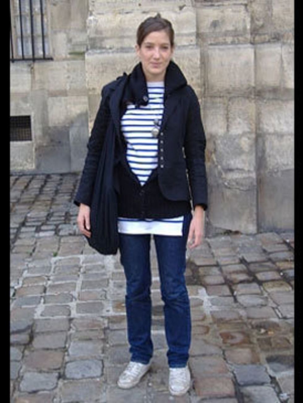 <p>Who cares what the weather's like? Margaux goes to sea in sailor stripes.</p>