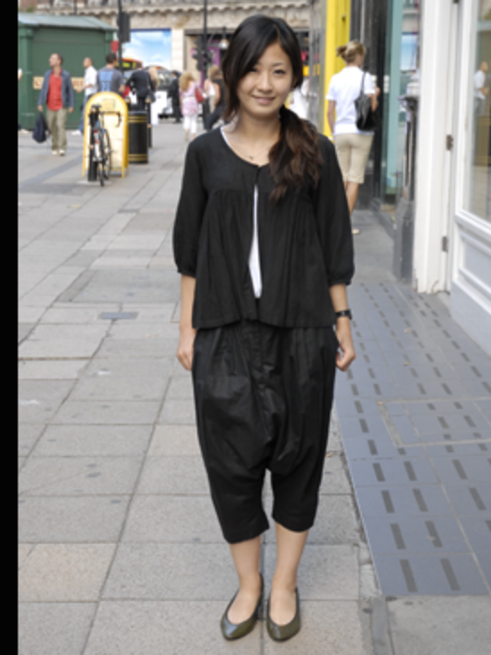 <p>This outfit is hard to pull off, baggy 'MC Hammer' harem pants paired with a loose cardigan could spell a fashion disaster for most people. On Ayuko the proportions work perfectly, she works in cool London boutique Browns Focus so she knows her stuff! 