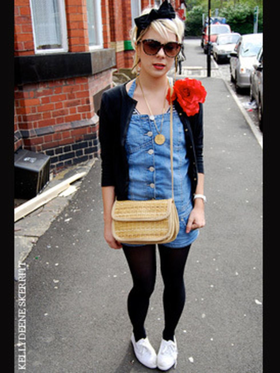 <p>This look ticks so many summer trend boxes: jumpsuit, check. Raffia bag, check. Floral corsage (very SATC), check. And, of course, headband, check. This eclectic layered look is a great way to stay summery and prepared for changing weather. And note of