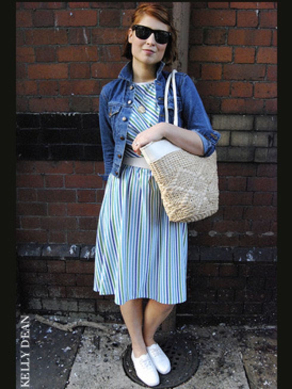 <p>Effortlessly cool, Harriet has opted for a distinctly retro look with her vintage candy striped dress. The addition of a denim jacket - collar turned up of course - straw bag and white pumps is a great way to do nautical without looking like a sailor. 