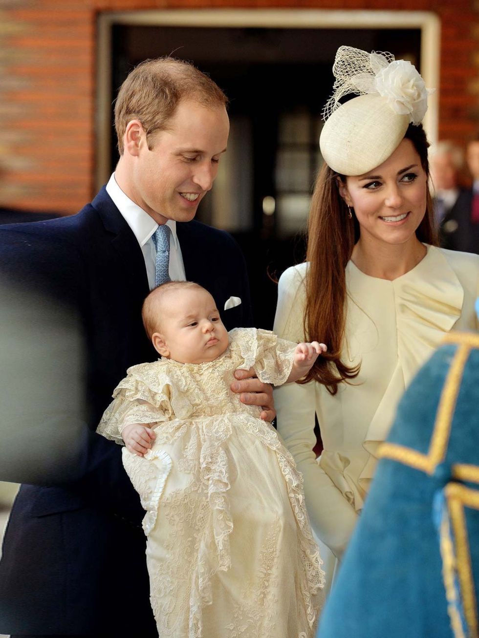 <p>The Duke and <a href="http://www.elleuk.com/star-style/celebrity-style-files/kate-middleton-s-style-file">Duchess of Cambridge</a> with their son Prince George arrive at Chapel Royal in St James's Palace, ahead of the christening of the three month-old