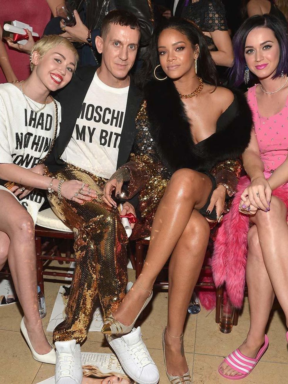 <p>Miley Cyrus, Jeremy Scott. Rihanna and Katy Perry. (note Jeremy and Rihanna's co-ordinating sequins).</p>
