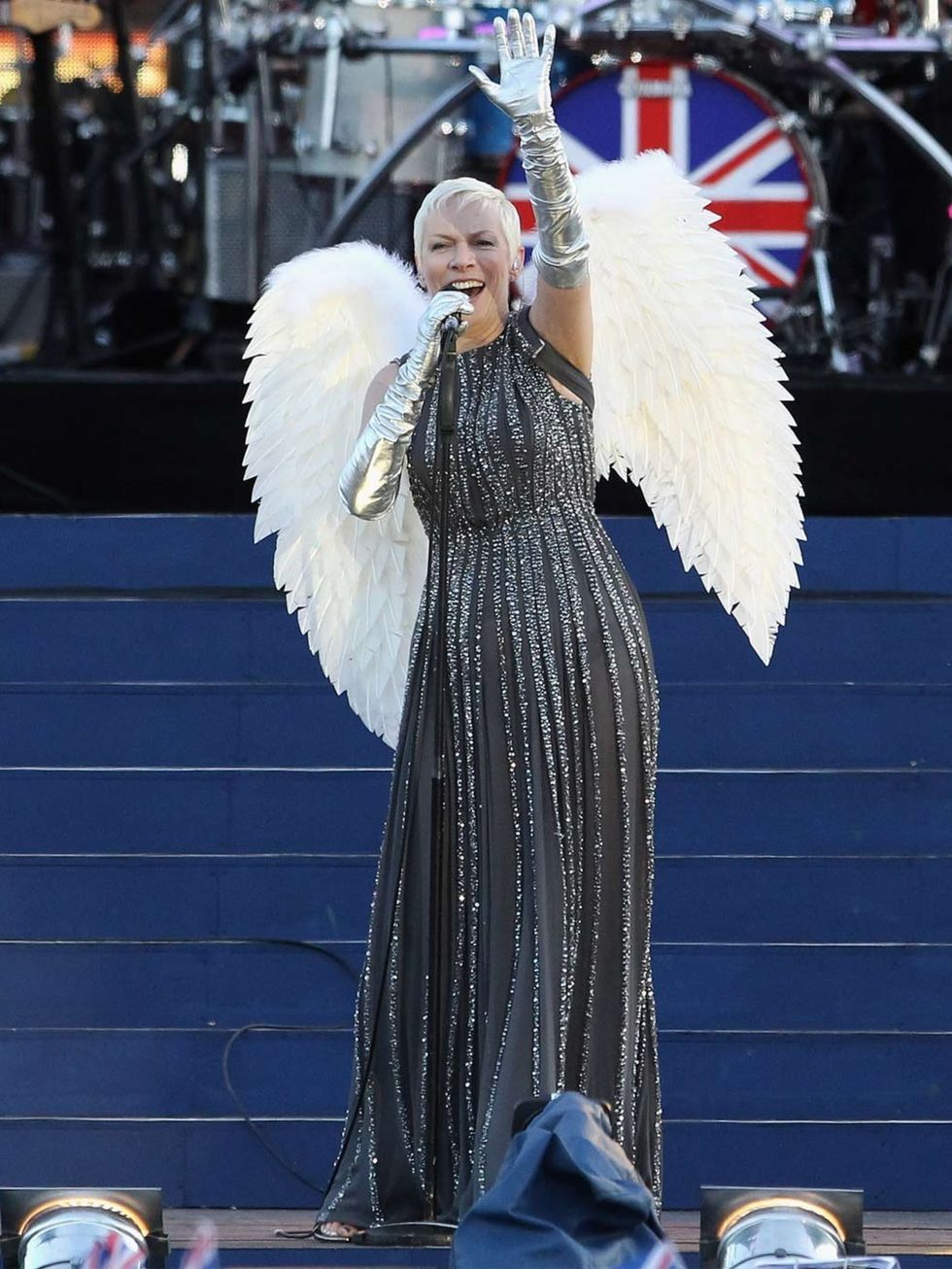 <p>Annie Lennox dressed as an angel for a performance of the Eurythmics' hit 'There Must Be an Angel (Playing with My Heart)'</p>