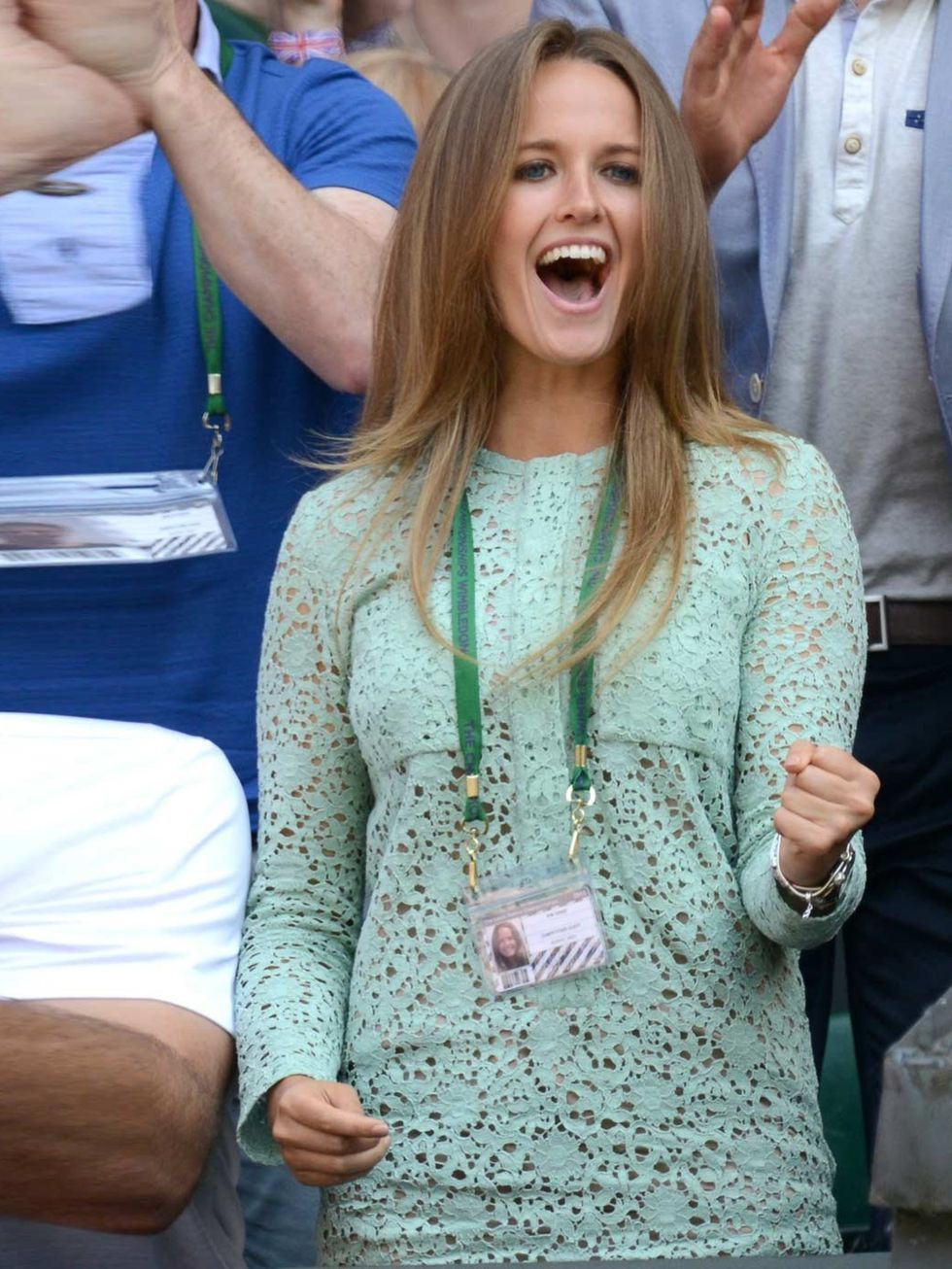 <p>Kim Sears celebrating Andy Murray's Wimbledon victory in a mint green Victoria Beckham Spring 2013 dress.</p>