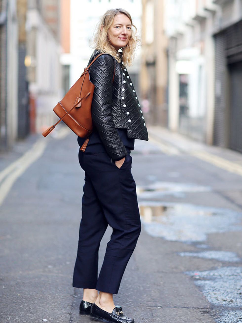 <p>Rebecca Lowthorpe - ELLE Collections Editor/Assistant Editor ELLE AWAKE jacket, A.P.C. jumper, Céline trousers, Gucci loafers, Louis Vuitton bag.</p>