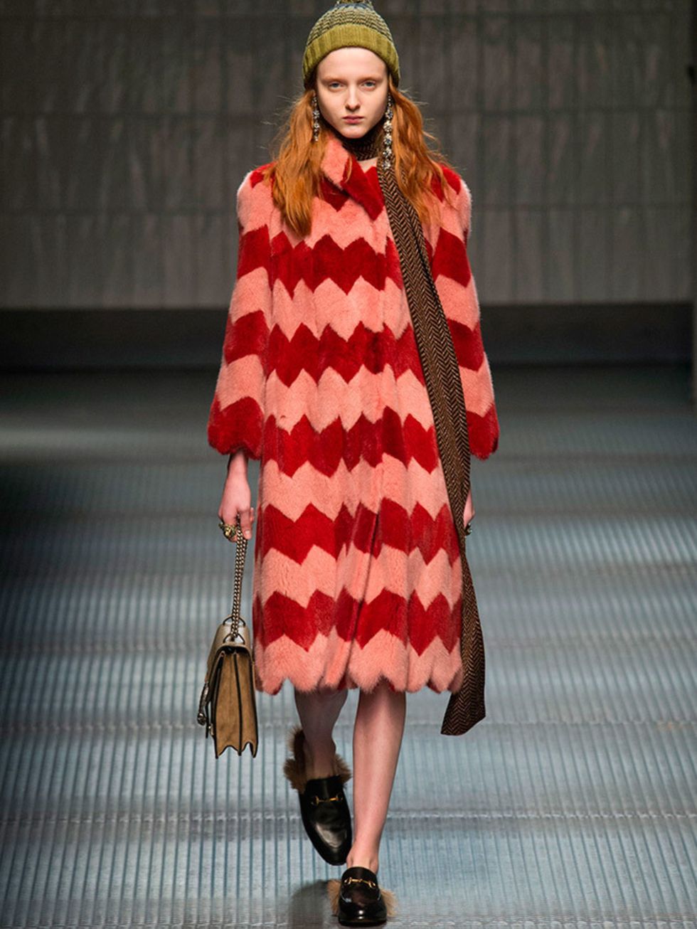 <p>GUCCI</p>

<p>From the multicoloured coat to the fur-trimmed loafers and bobble hat, this look sums up the new poetic mood at Gucci perfectly. AMC</p>