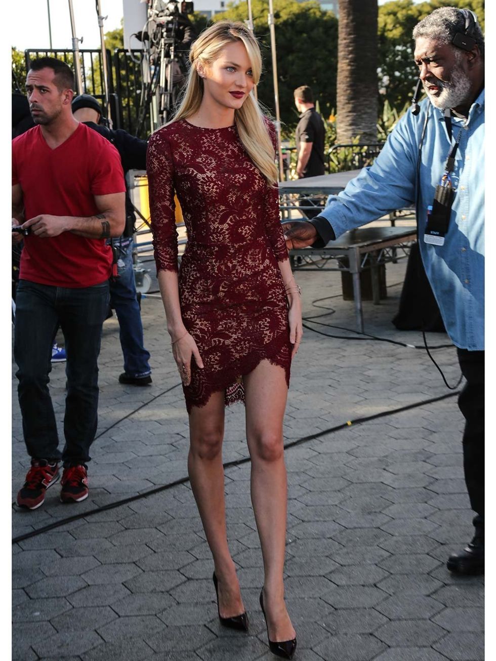 &lt;p&gt;Candice Swanepoel wearing a Lover Rosebud lace dress at the Universal City Walk.&lt;/p&gt;