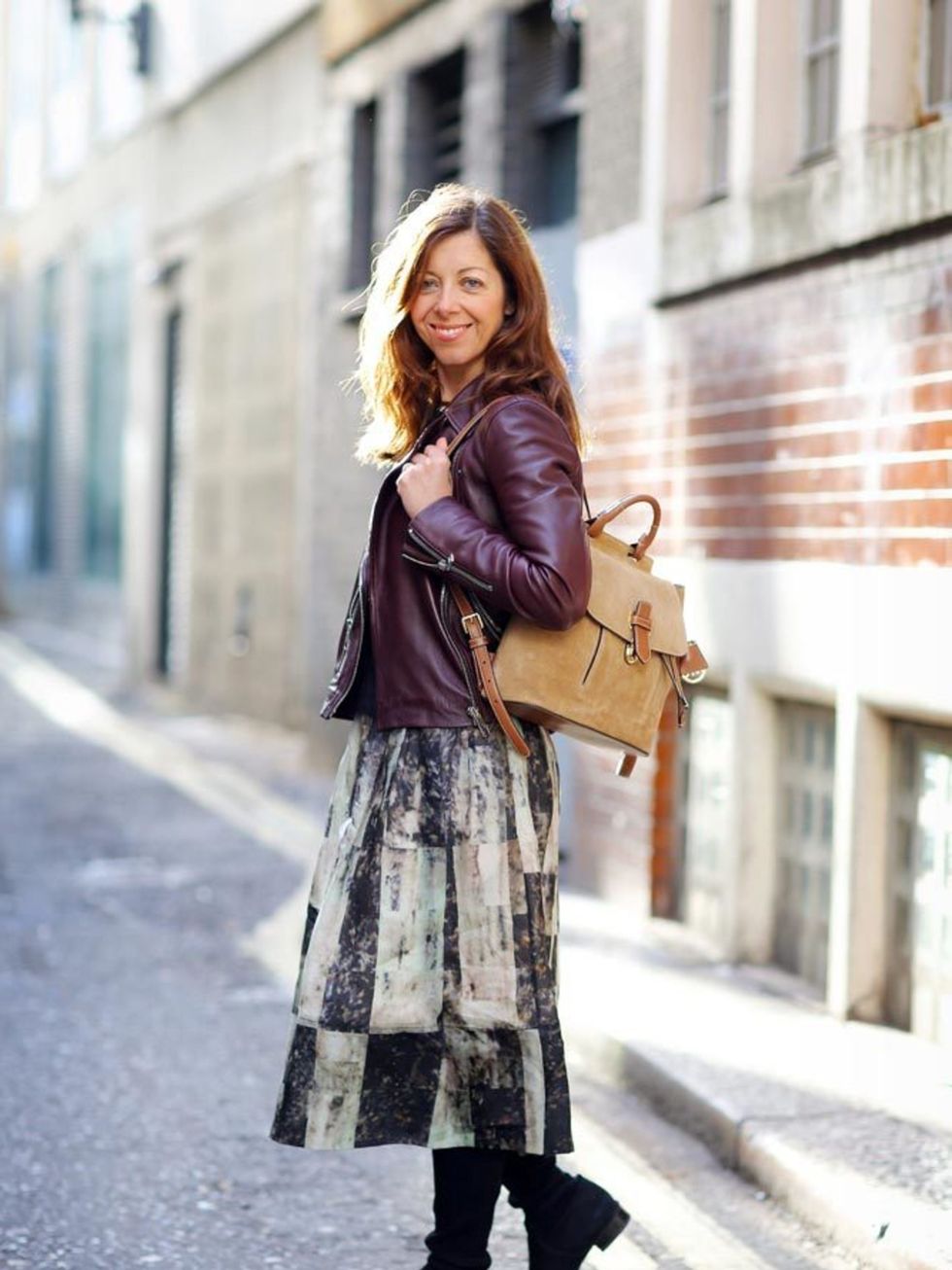 <p>Kirsty Dale, Executive Fashion & Beauty Director</p>

<p>Whistles leather jacket, Banana Republic jumper, Whistles skirt, Stuart Weitzman boots, Michael Kors Collection rucksack</p>