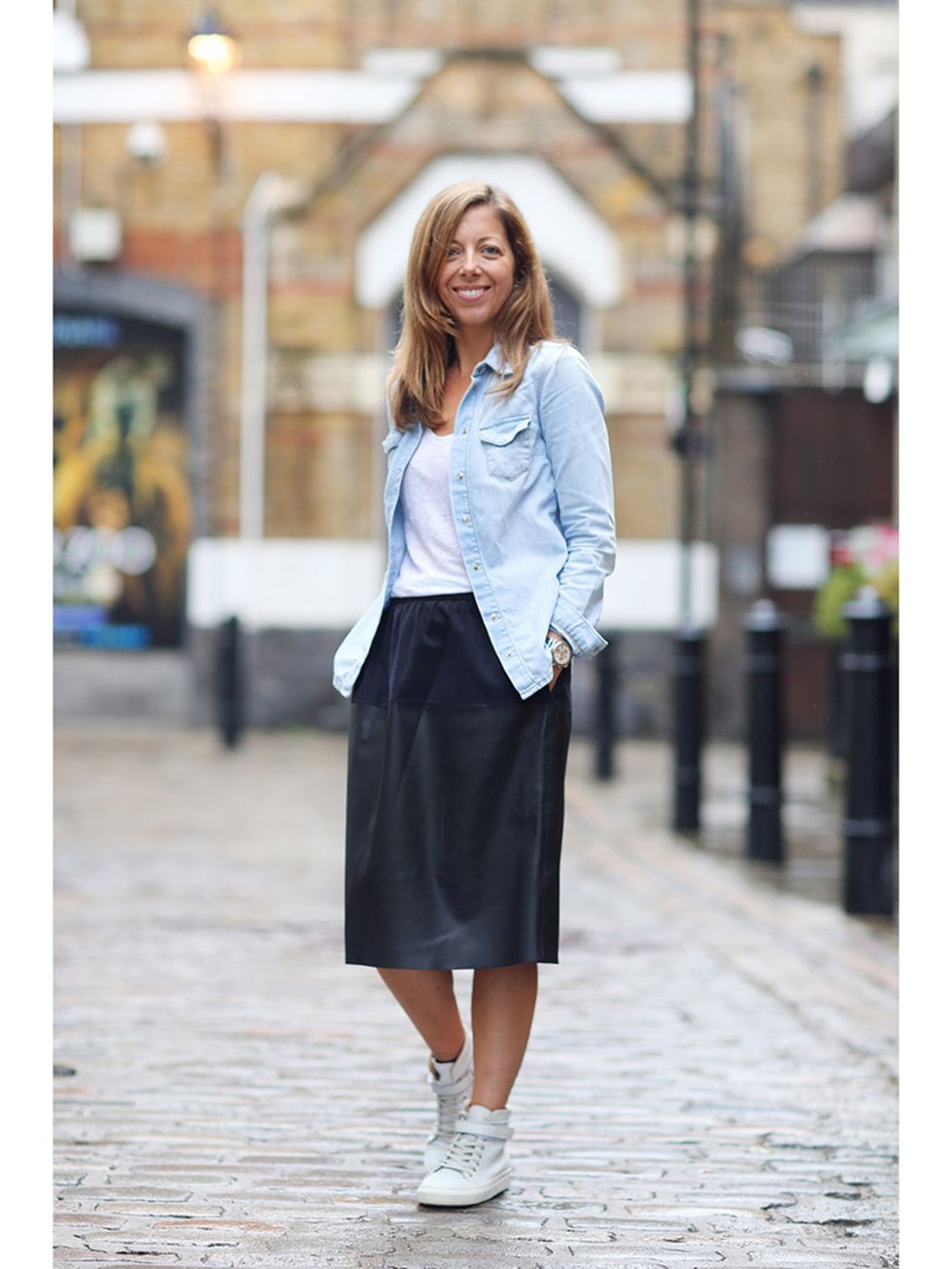 Kirsty Dale, Executive Fashion Director
Topshop shirt, Massimo Dutti top, Zara skirt, Whistles trainers, Swatch watch.