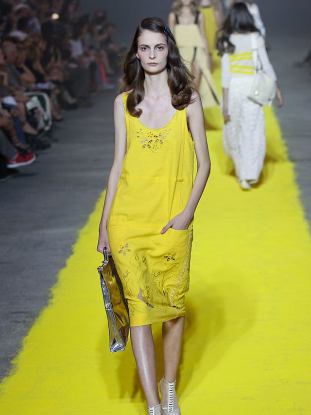 <p><strong>A single yellow chalk mark tracked the catwalk at Sonia Rykiel's spring summer 2012 show at Paris fashion week, evidence of the tennis theme to follow.</strong></p><p>The 40s, with a hint of 70s, was the inspiration behind drop-waisted pleat dr