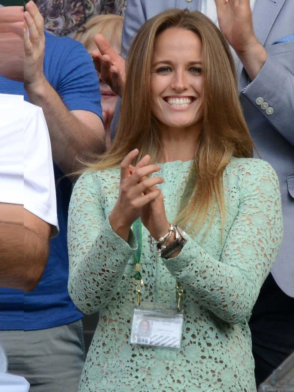 <p>Kim Sears celebrating Andy Murray's victory at the Men's Singles Final, Day 13 of the Wimbledon, London, July 2013.</p>