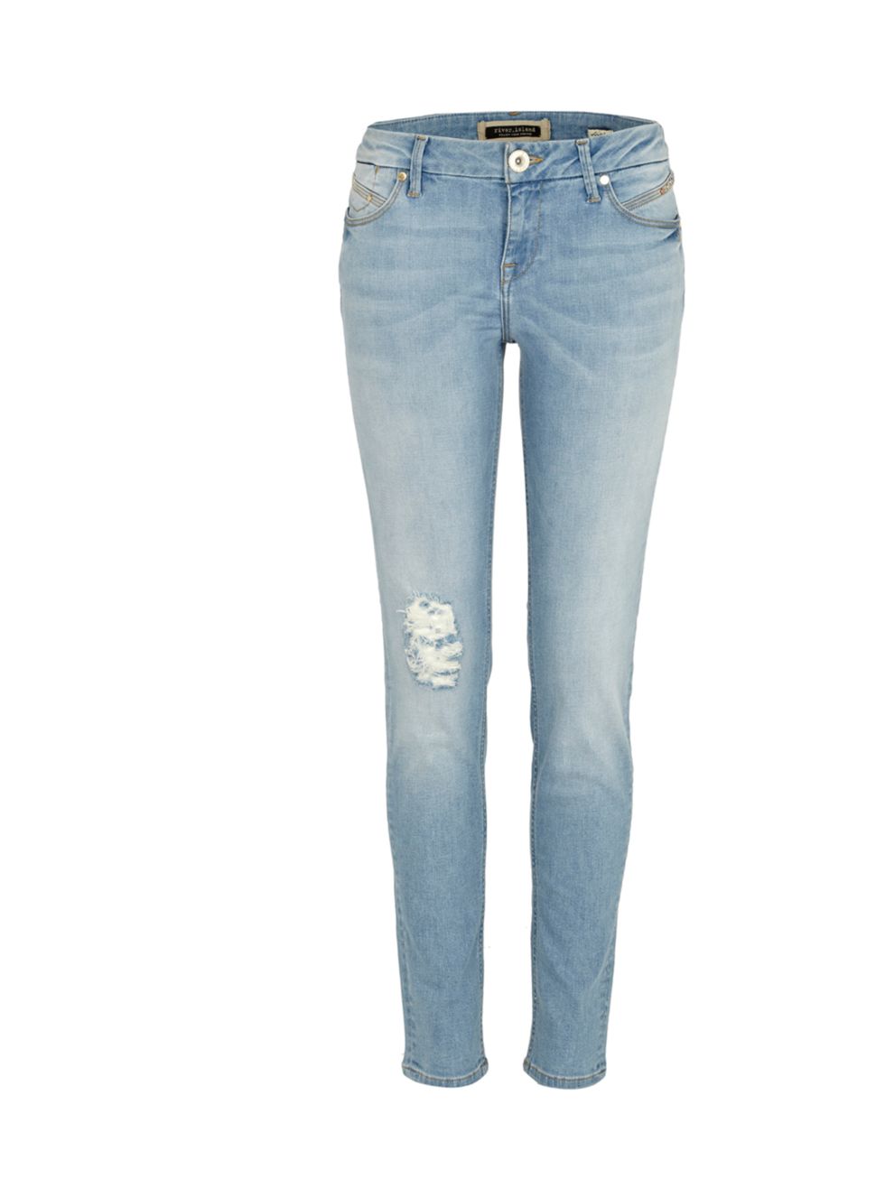 <p><a href="http://www.riverisland.com/Online/women/jeans/skinny-jeans/light-denim-rip-super-skinny-jeans-619739">River Island</a> distressed jeans, £40</p>