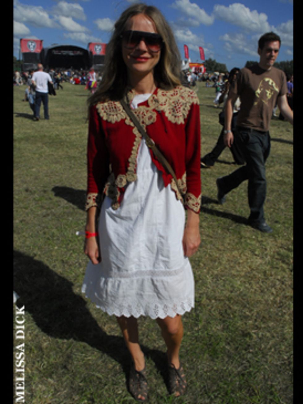 <p>This is the perfect festival look, teaming a pretty white frock with a cool vintage jacket - and if the rain starts to fall it will look just as stylish teamed with tights and wellies instead of sandals.</p>