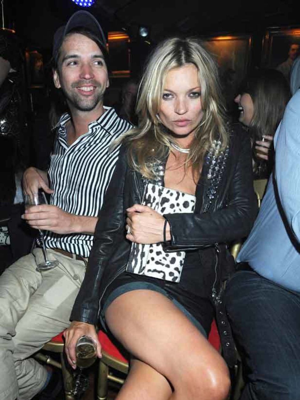 <p><a href="http://www.elleuk.com/starstyle/style-files/(section)/Kate-Moss">Kate Moss</a> channels trademark rock chick with studded leather and animal print for the Lady Gaga special performance at Annabel's in London, May 2011.</p>