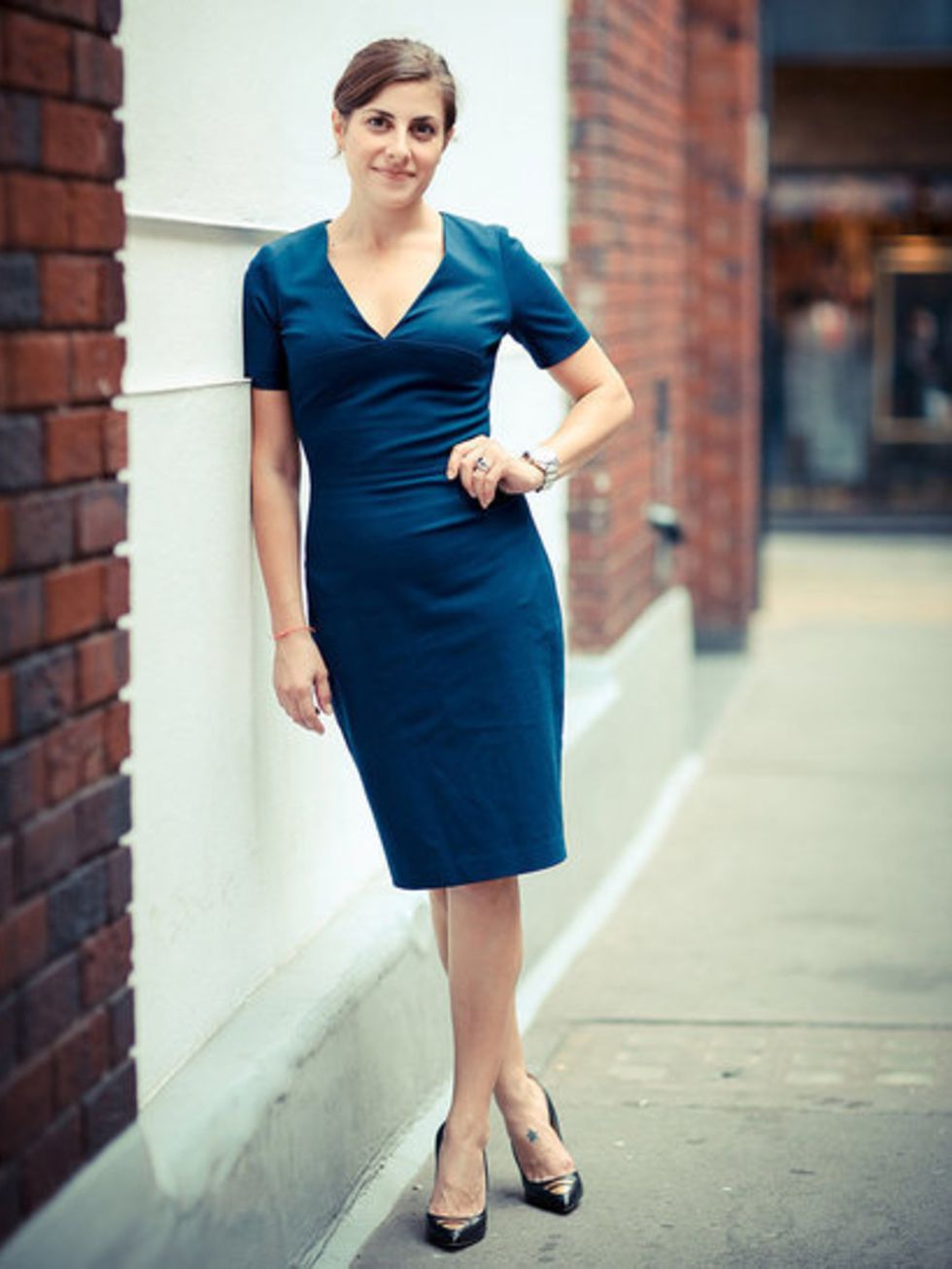 Christina Simone wears navy sheath dress, £89