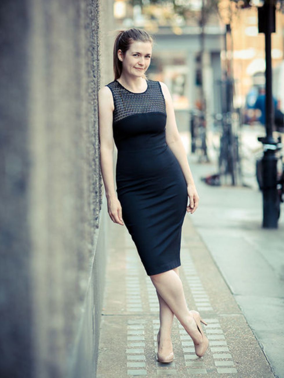 Claire Sibbick wears black sheath dress, £89