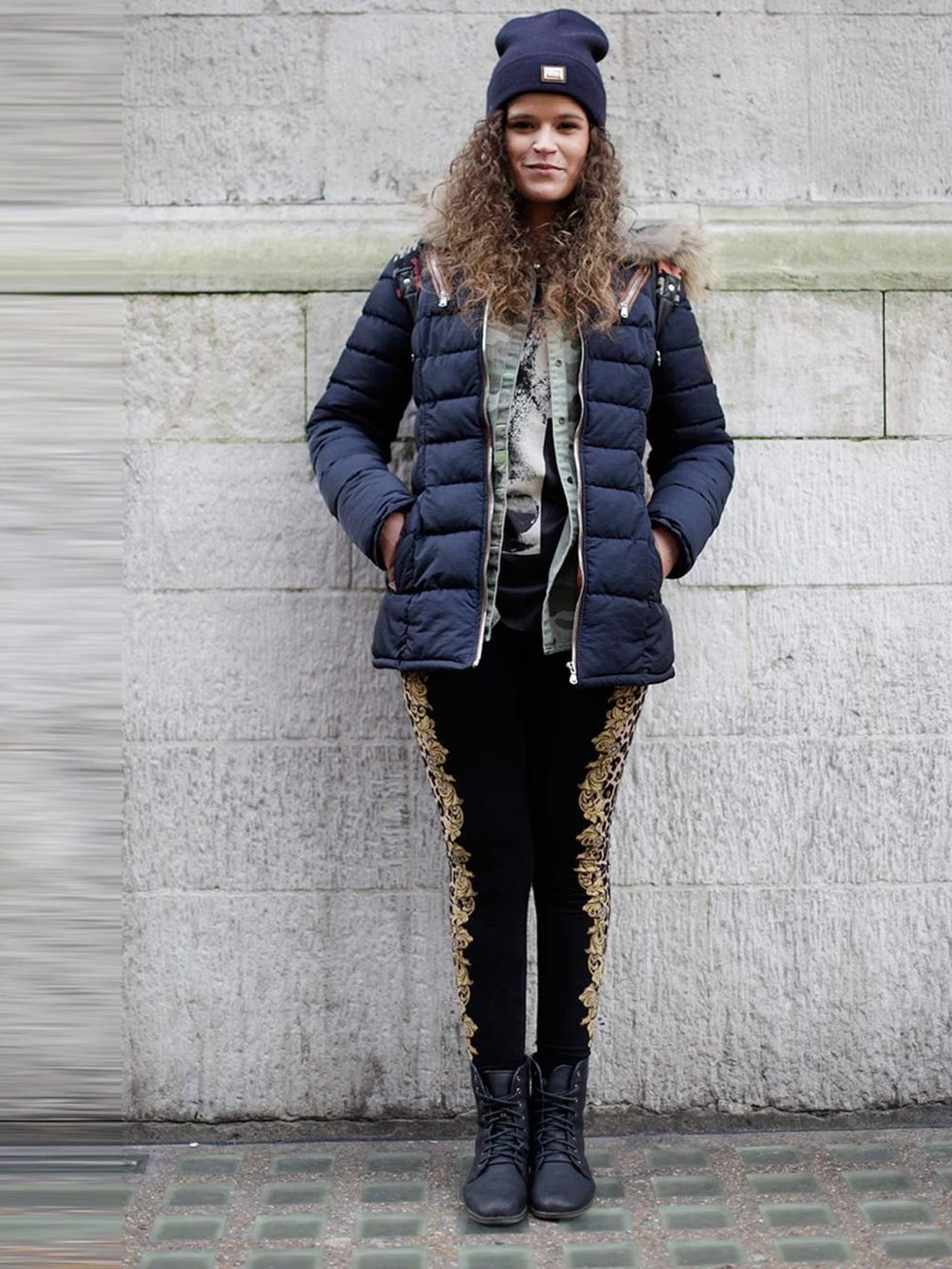 <p>Nina, 25, Student. Jacket and boots from Paris, Forever 21 shirt and leggings, Zara t-shirt, Supreme hat.</p>