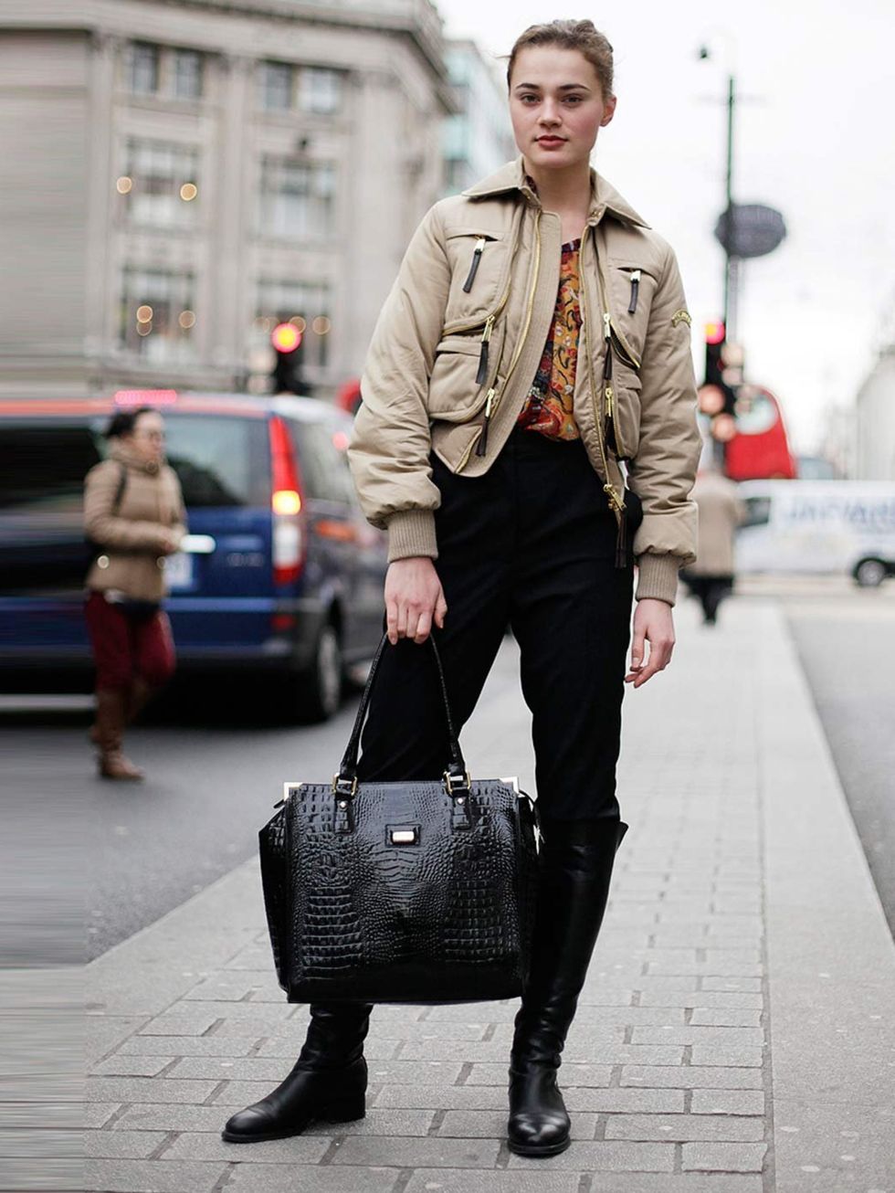 <p>Veronica, 21, Model. Dsquared jacket, Zara shirt, Stella McCartney trousers, Mattoli boots and bag.</p>