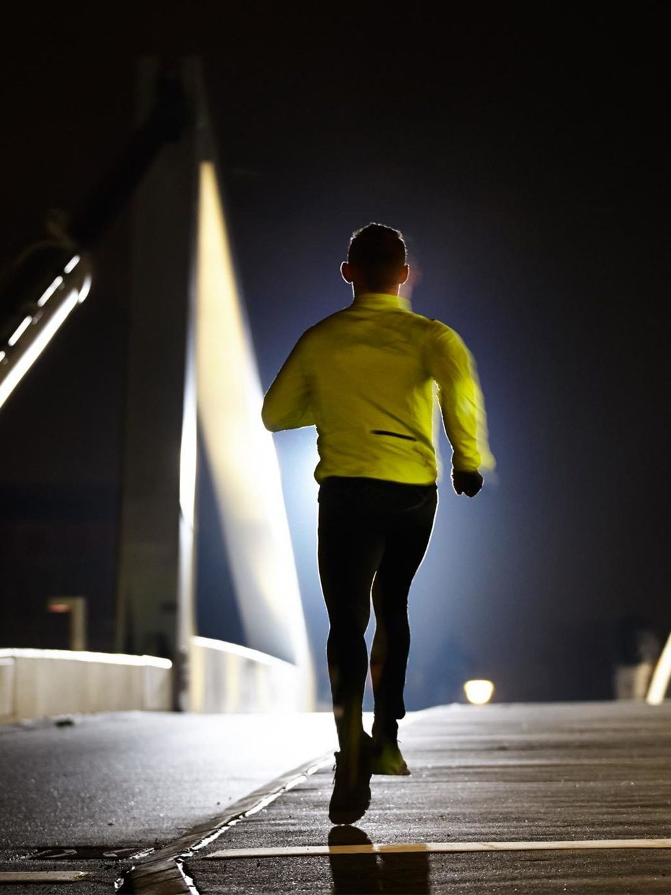 <p><strong>Be visible</strong></p><p>Make sure other runners and vehicles can see you. Invest in a head lamp for hands-free light, and wear a reflective vest. It's chic to be safe.</p><p><em><a href="http://www.elleuk.com/beauty/running/kit-for-running-in