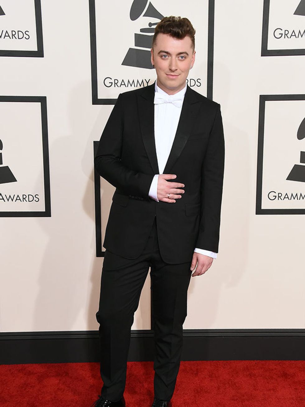 <p>Sam Smith, in Armani, attends the 57th Annual Grammy Awards in LA.</p>